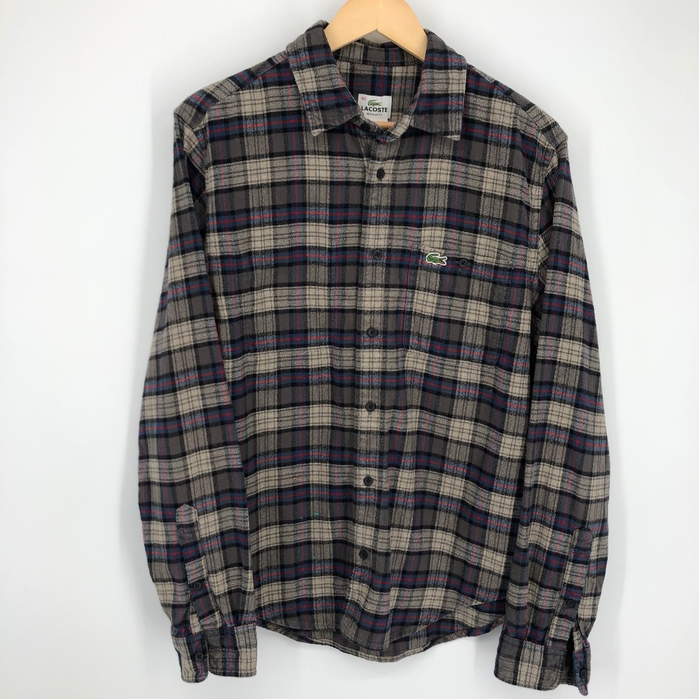 Lacoste Mens Flannel Shirt‎ Size Medium Plaid Button Up Long Sleeve Blue Gray